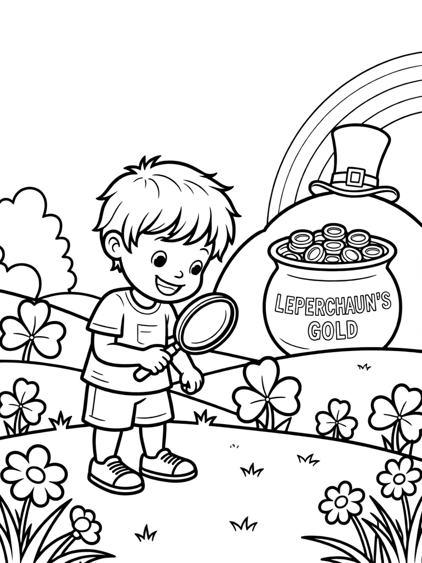 A cheerful child searching for a leprechaun's gold for Ireland.