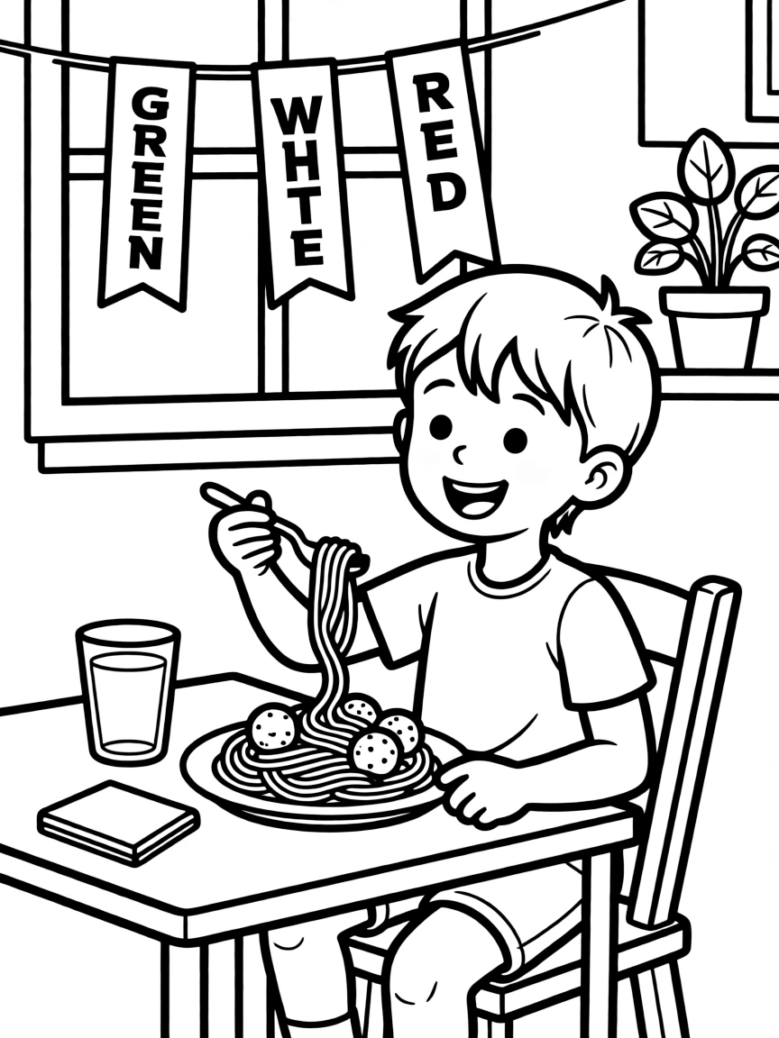 A happy child eating spaghetti for Italy.