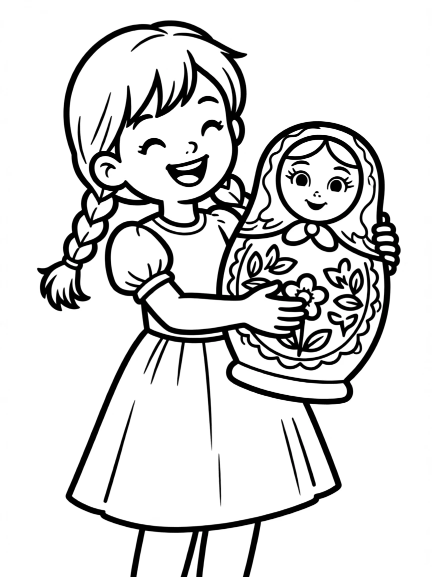 A cheerful child with a Russian nesting doll for Russia.