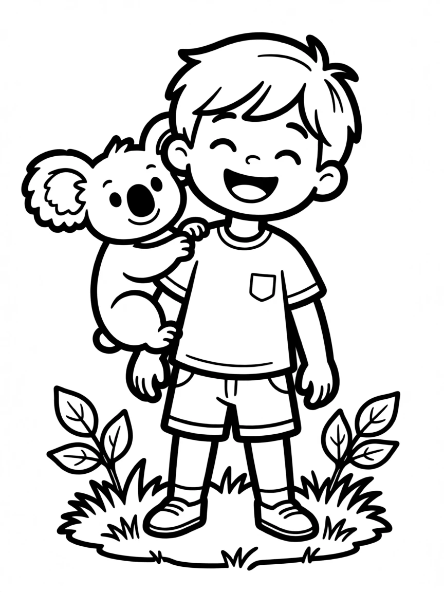 A happy child with a koala on their shoulder for Australia.