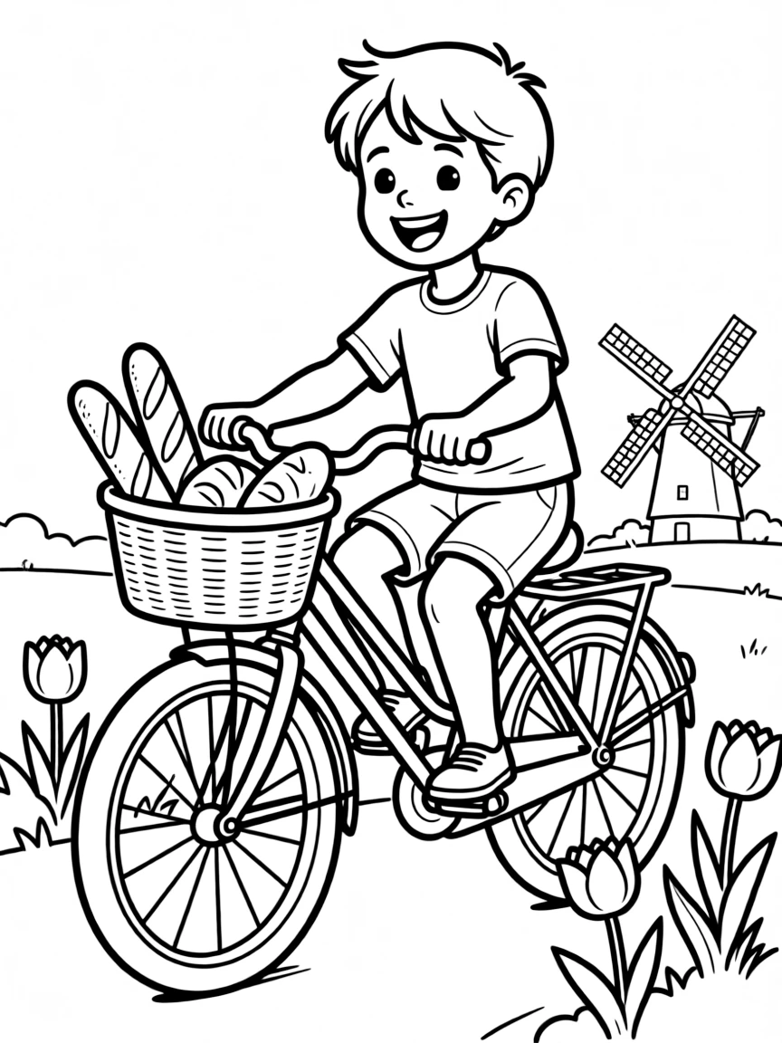 A smiling child riding a bicycle with a basket of bread for Netherlands.