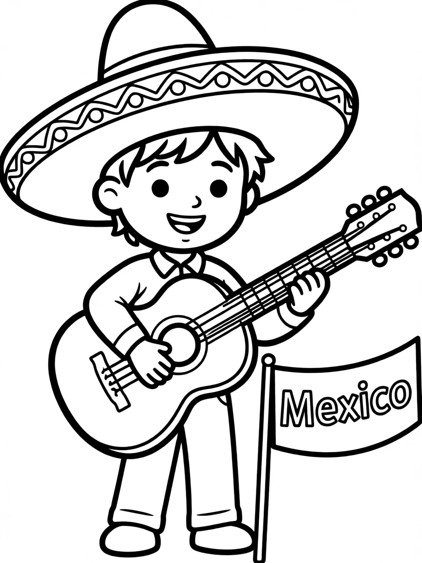 A child with a mariachi hat and a guitar for Mexico.