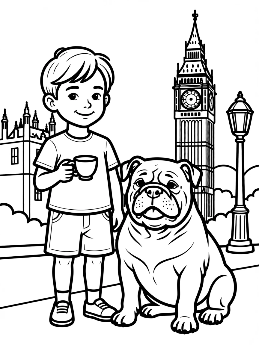 A smiling child with a teacup and a friendly bulldog for United Kingdom.