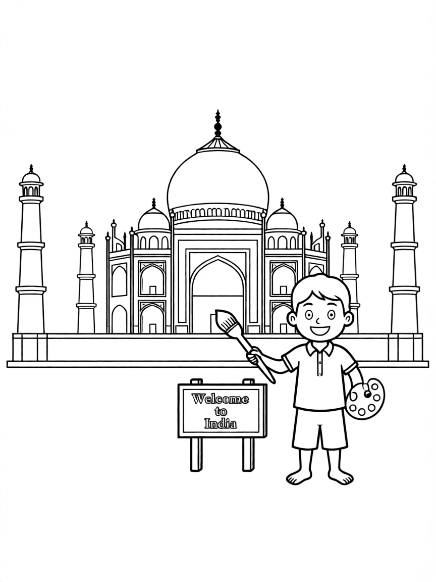 A happy child with a Taj Mahal drawing for India.