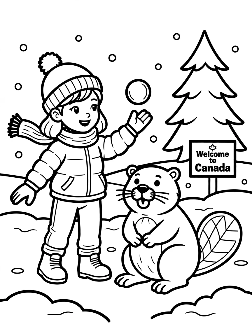 A cheerful child playing in the snow with a beaver for Canada.