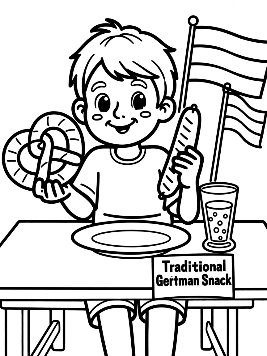 A child enjoying a pretzel and a sausage for Germany.