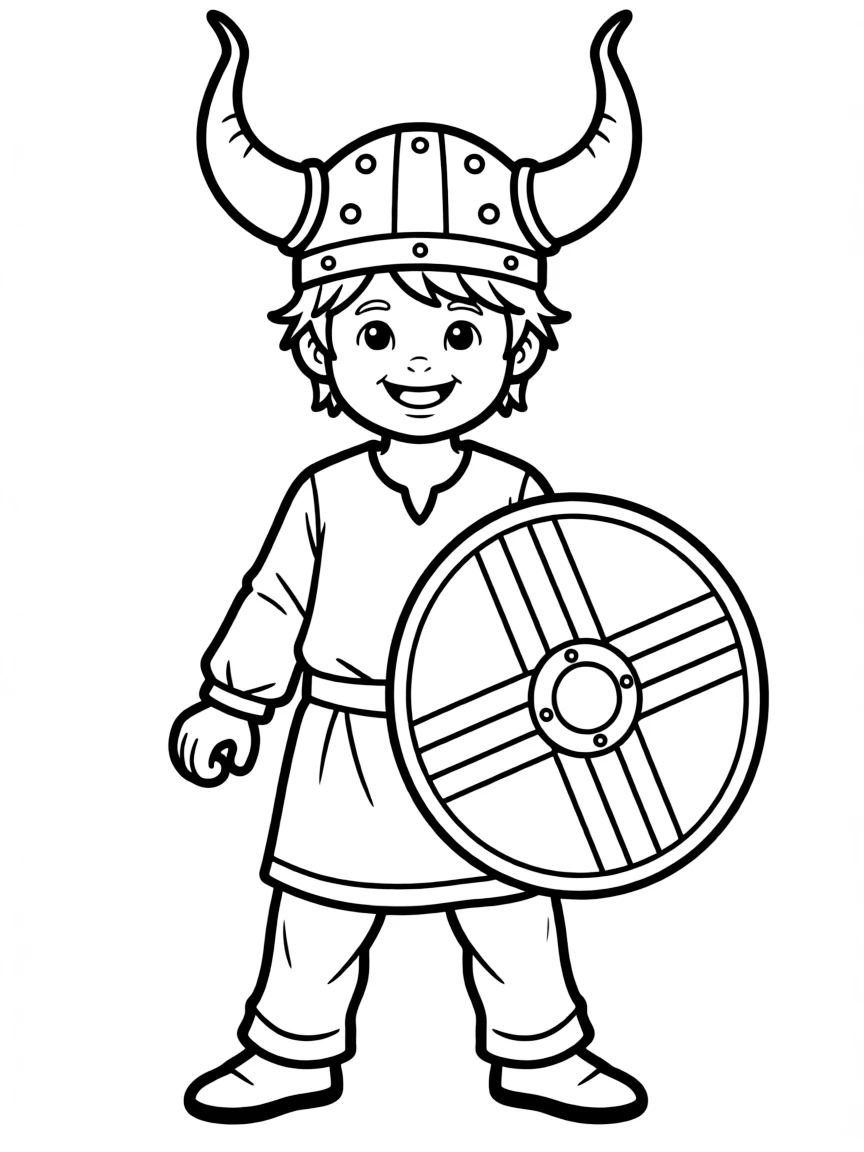 A smiling child with a Viking helmet and a shield for Norway.