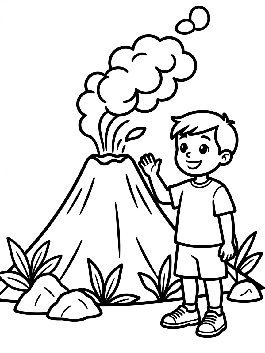 A smiling child near a volcano with steam coming out for Iceland.