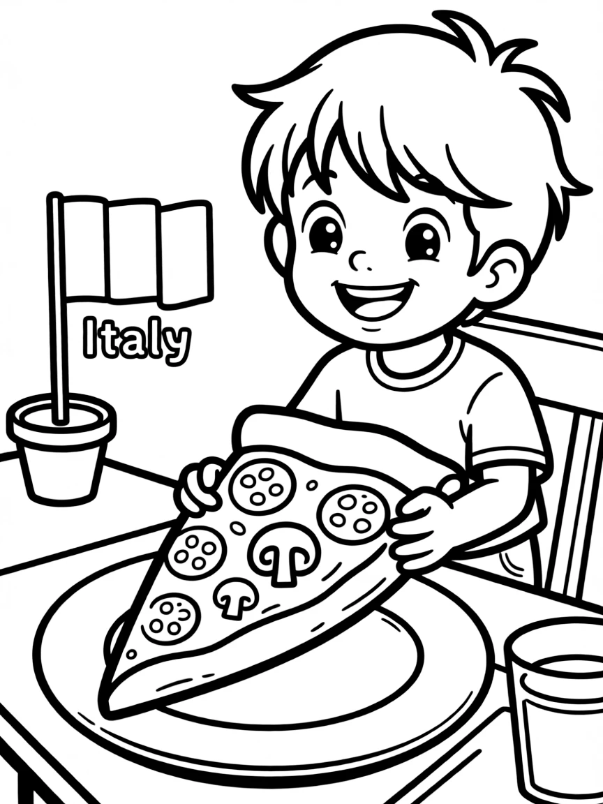A happy child eating pizza for Italy.
