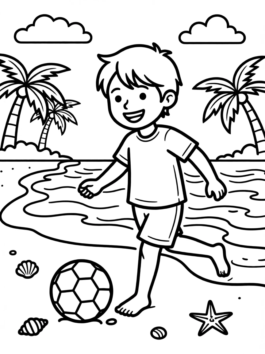 A smiling child playing soccer on the beach for Brazil.