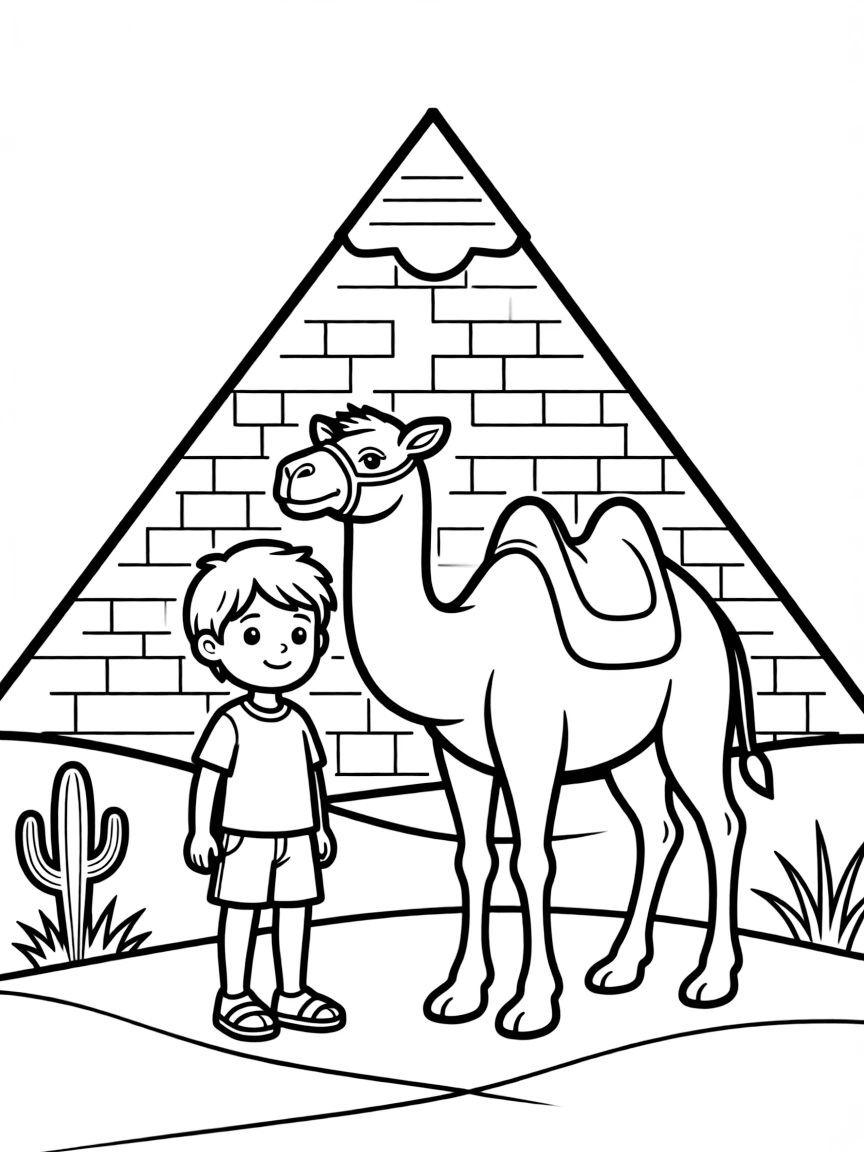 A child with a camel and a pyramid for Egypt.