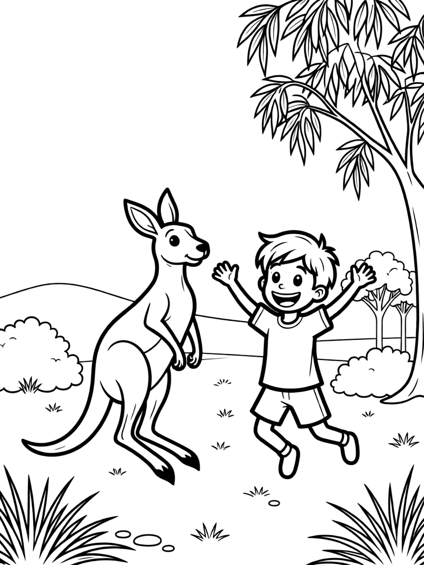 A happy child with a kangaroo jumping in the outback for Australia.