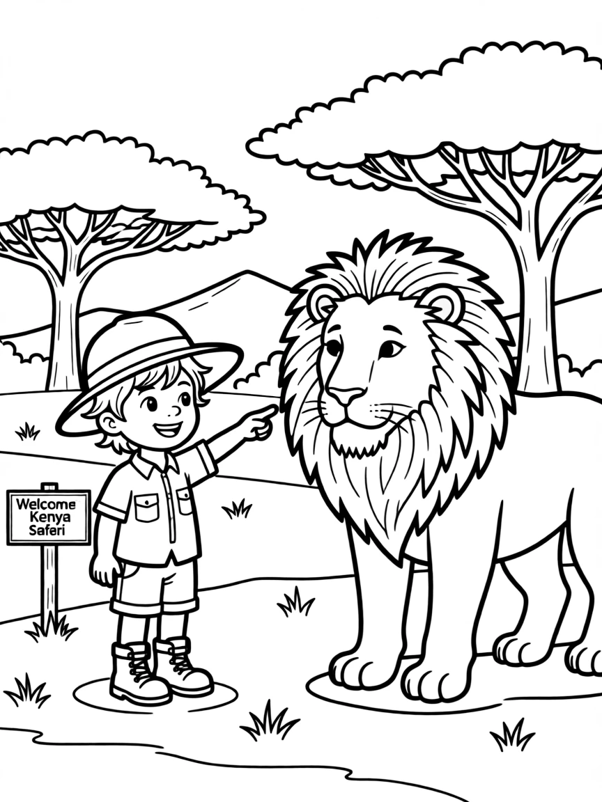 A cheerful child on a safari looking at a lion for Kenya.