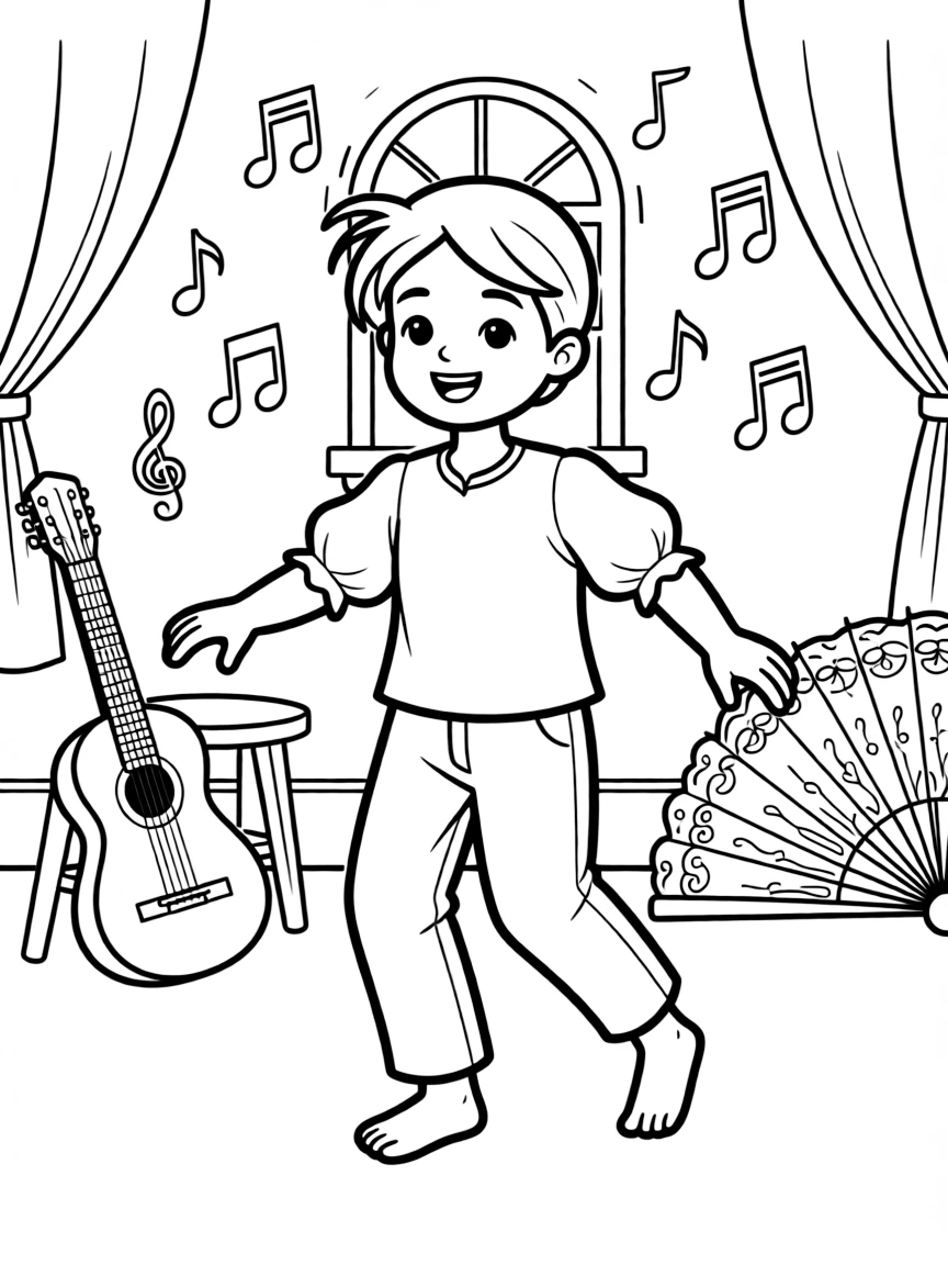 A happy child dancing to Spanish music for Spain.