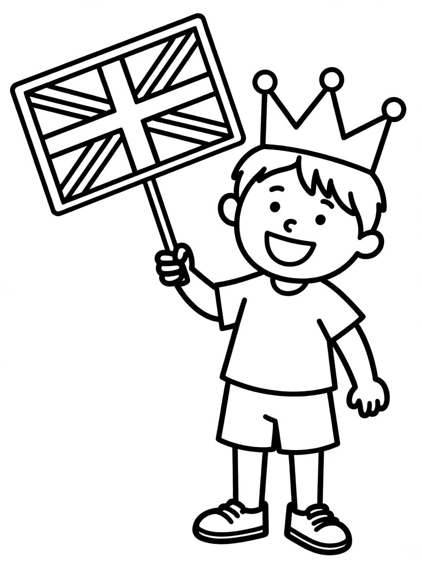 A smiling child with a crown and a British flag for United Kingdom.