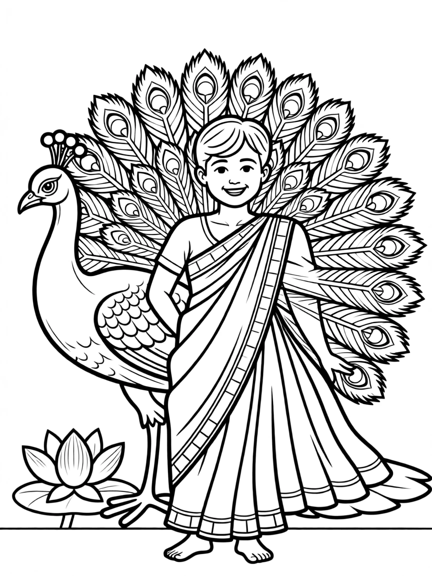 A happy child with a peacock and a sari for India.