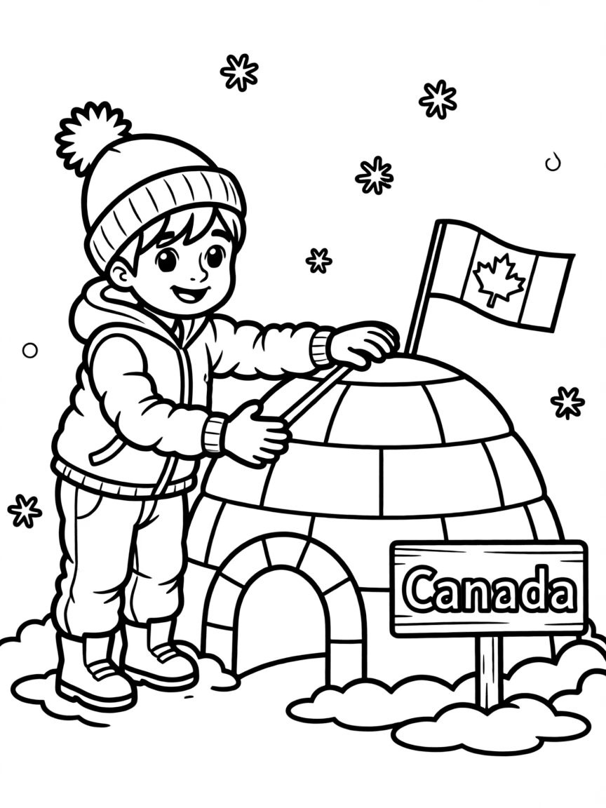 A cheerful child building an igloo for Canada.
