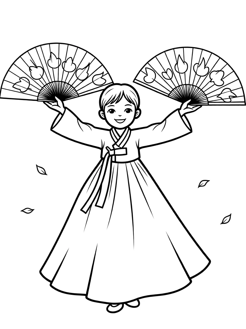 A happy child with a traditional Korean fan dance for South Korea.
