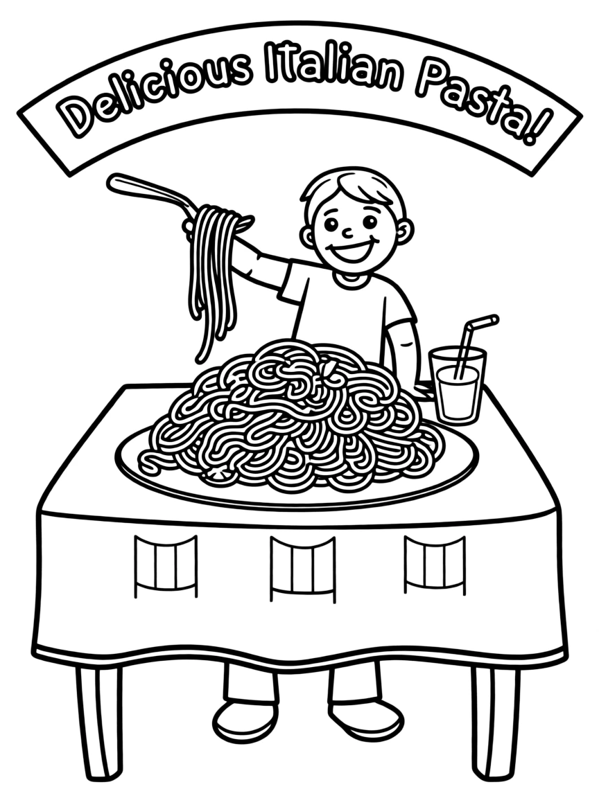A happy child eating a big plate of pasta for Italy.