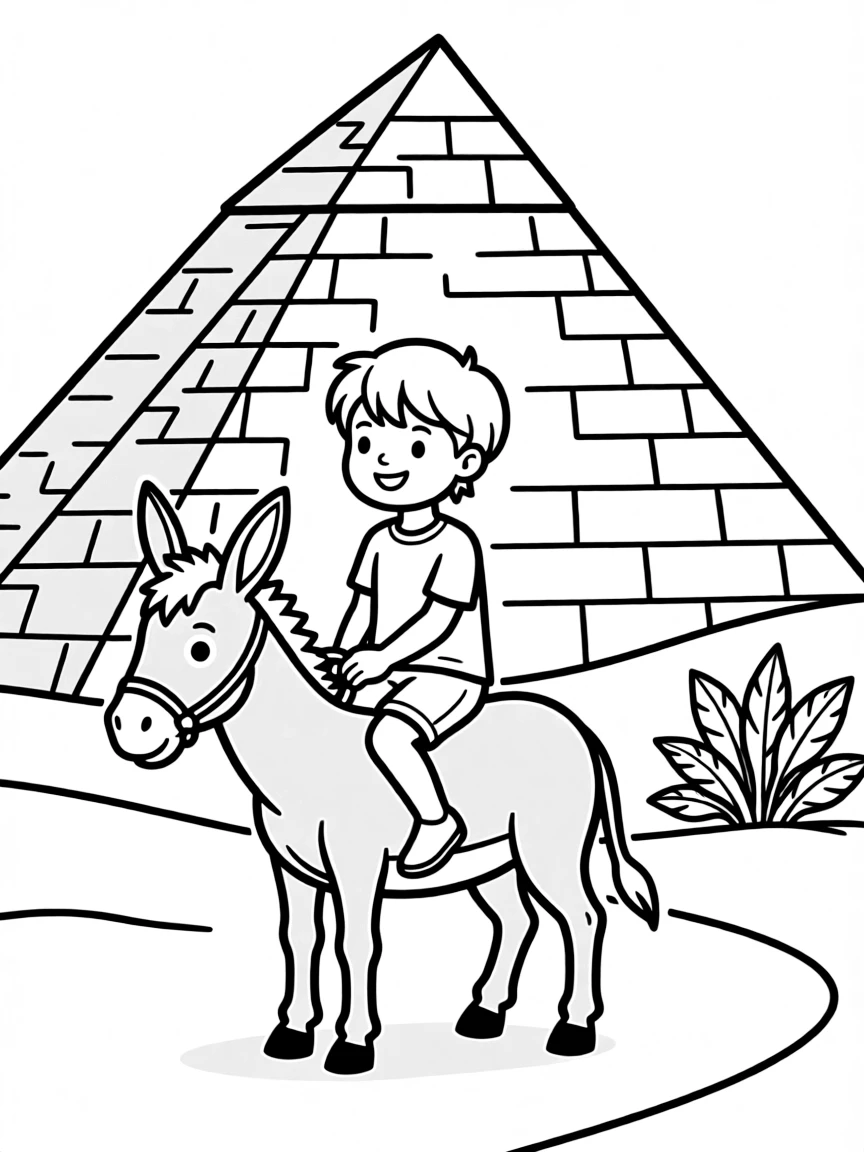 A child riding a donkey near a pyramid for Egypt.