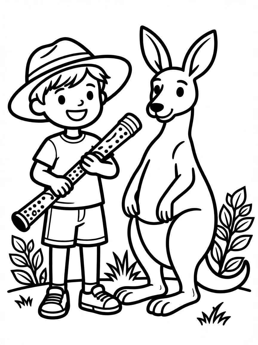 A happy child with a didgeridoo and a kangaroo for Australia.
