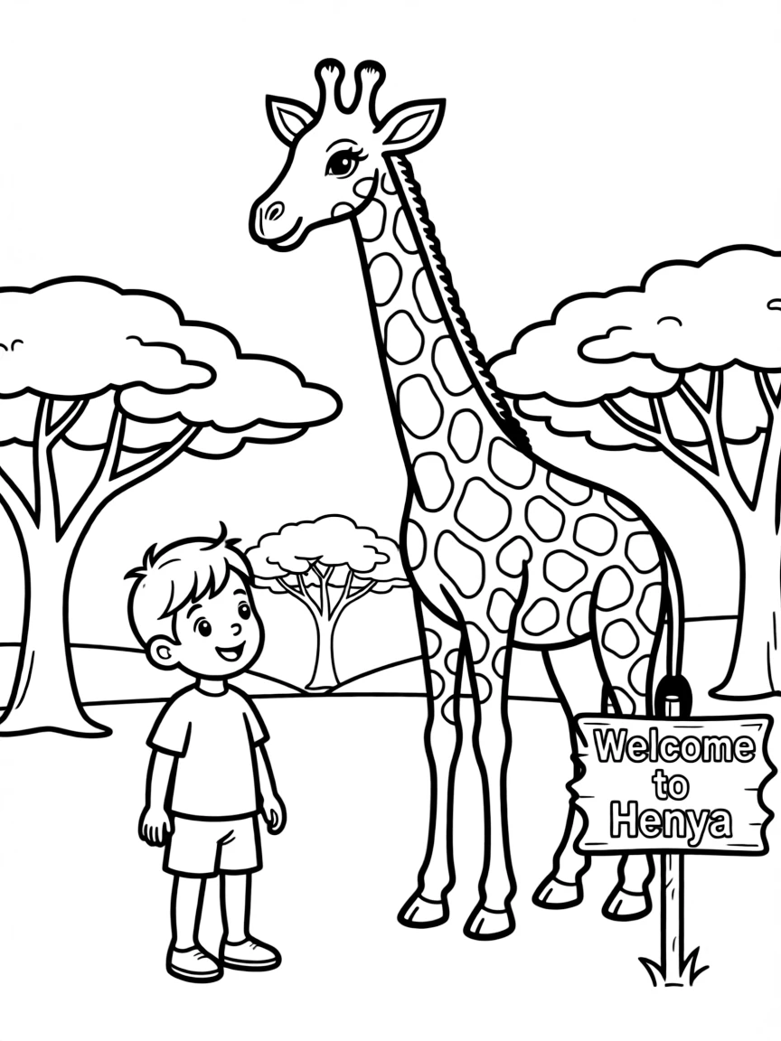 A cheerful child watching a giraffe for Kenya.