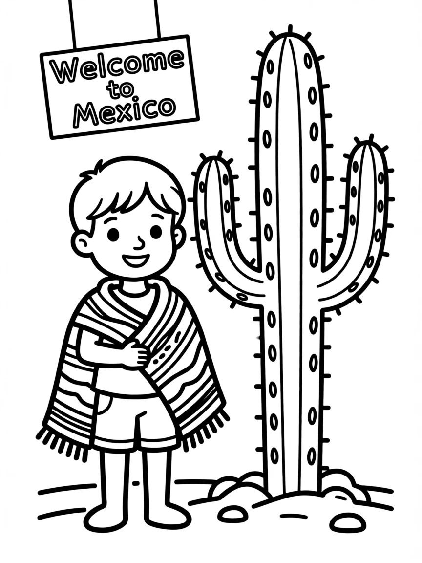 A child with a colorful blanket (serape) and a cactus for Mexico.