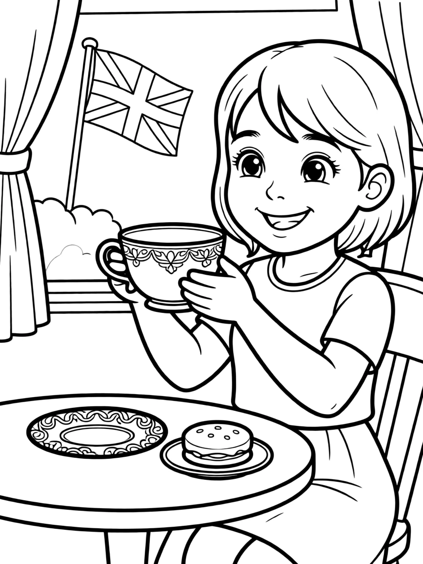 A smiling child drinking tea in a fancy teacup for United Kingdom.