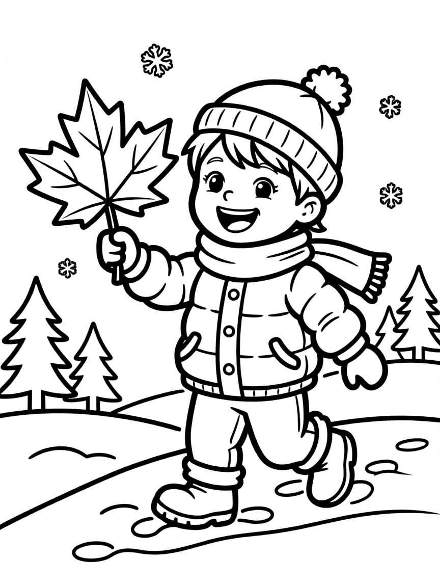 A cheerful child playing in the snow with a maple leaf for Canada.