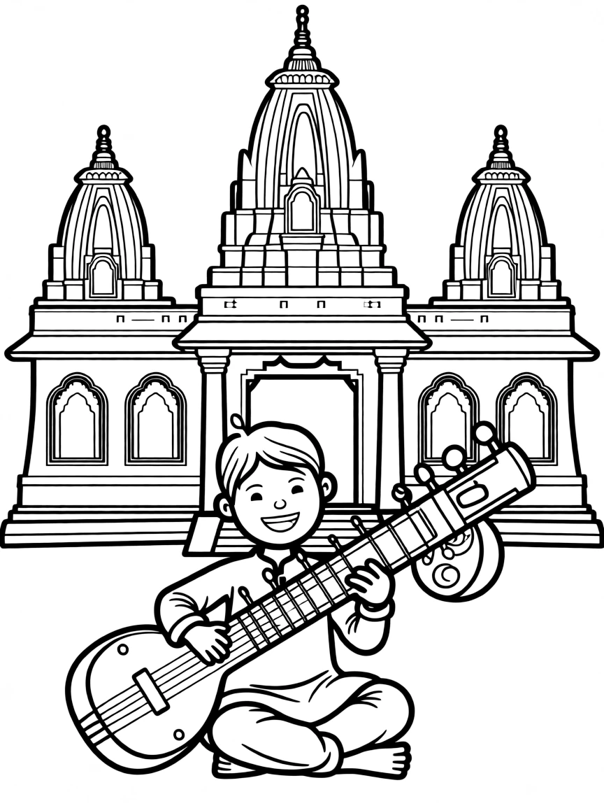 A happy child with a sitar and a temple for India.