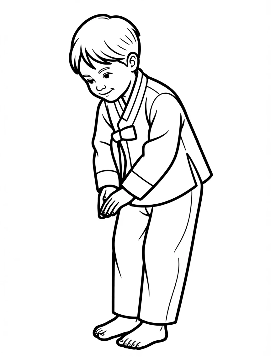 A happy child doing a traditional Korean bow for South Korea.