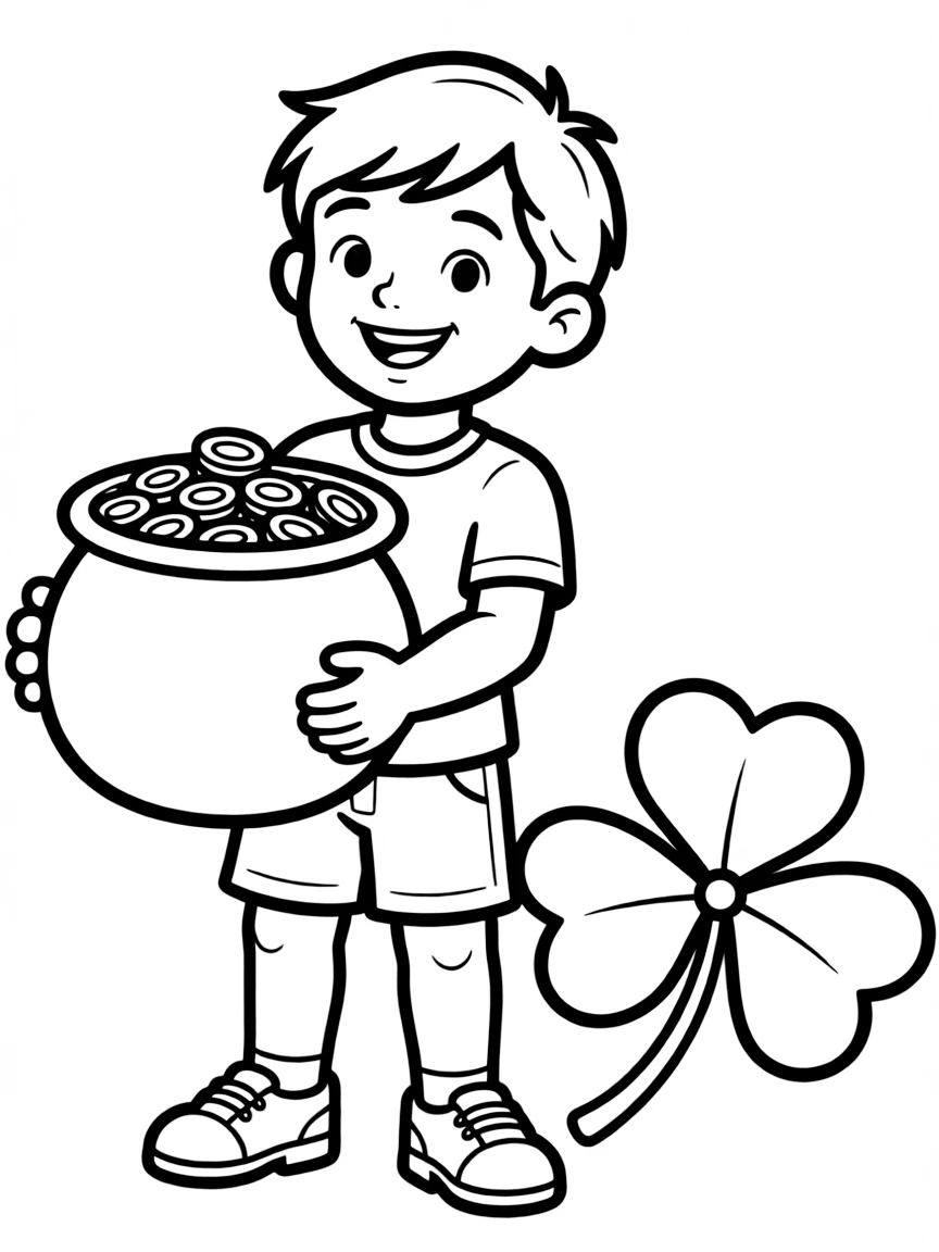 A cheerful child with a pot of gold and a lucky shamrock for Ireland.