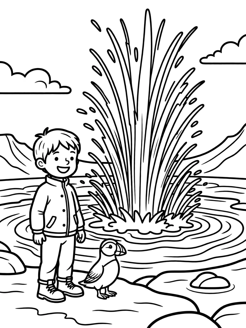 A smiling child near a geyser and a puffin for Iceland.