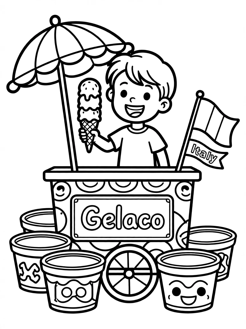A happy child making gelato for Italy.