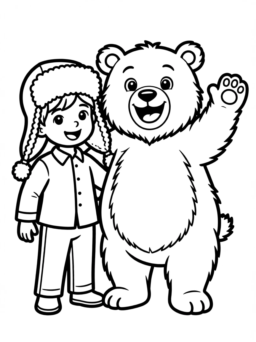 A cheerful child with a traditional Russian hat (ushanka) and a happy bear for Russia.