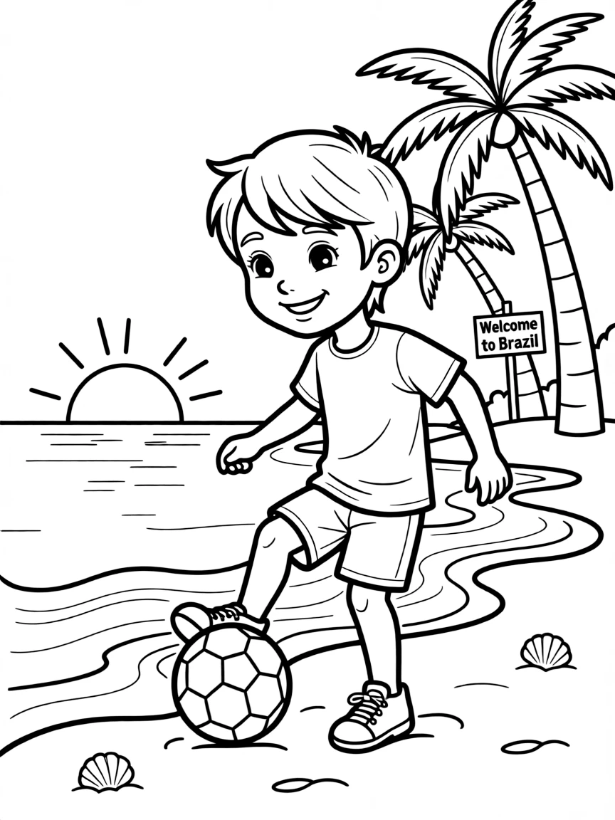 A smiling child kicking a soccer ball on the beach for Brazil.