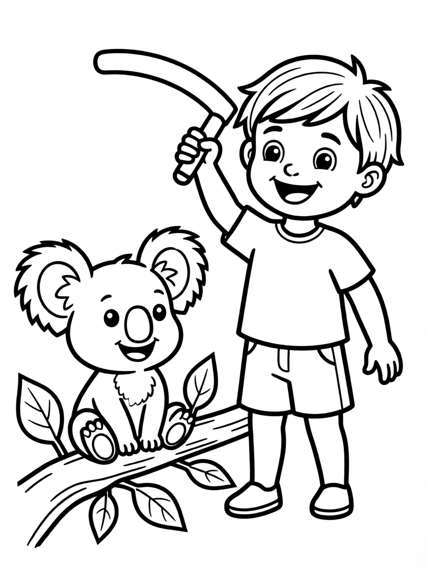 A happy child with a boomerang and a koala for Australia.