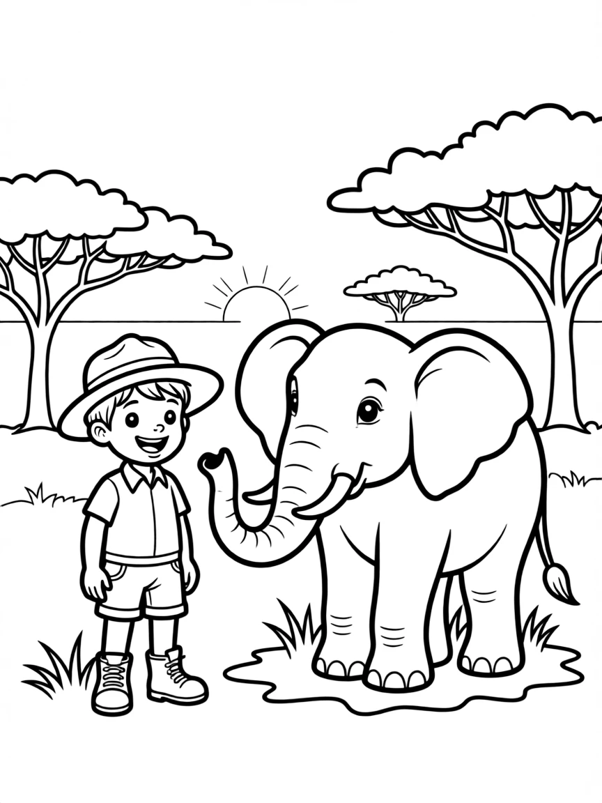 A cheerful child on a safari with a friendly elephant for Kenya.