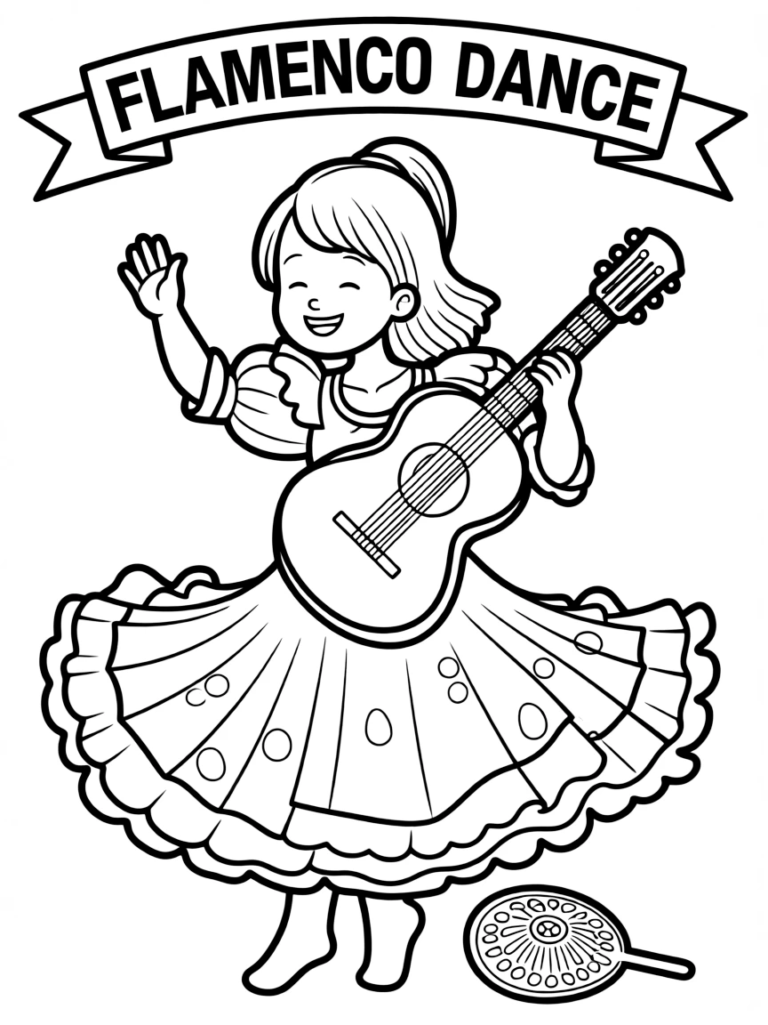 A happy child playing a guitar and dancing flamenco for Spain.