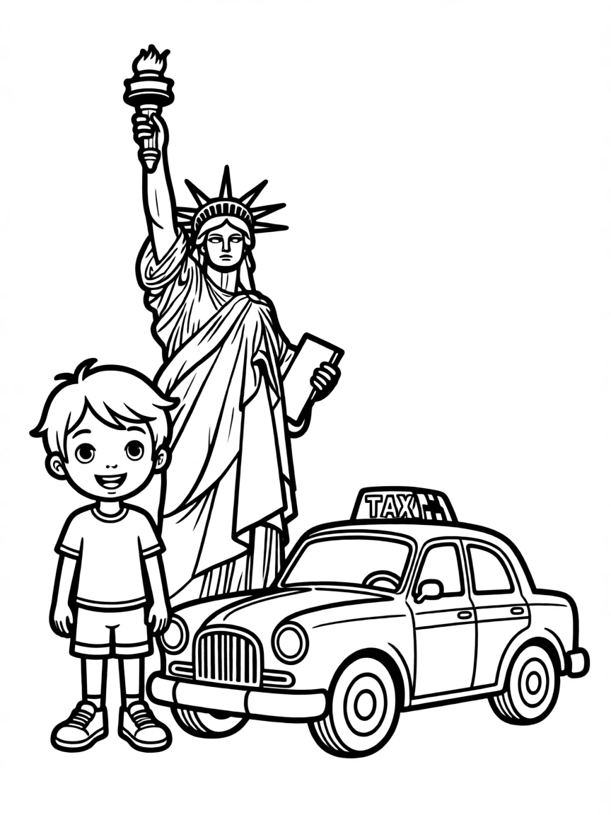 A cheerful child with a Statue of Liberty and a yellow taxi for USA.