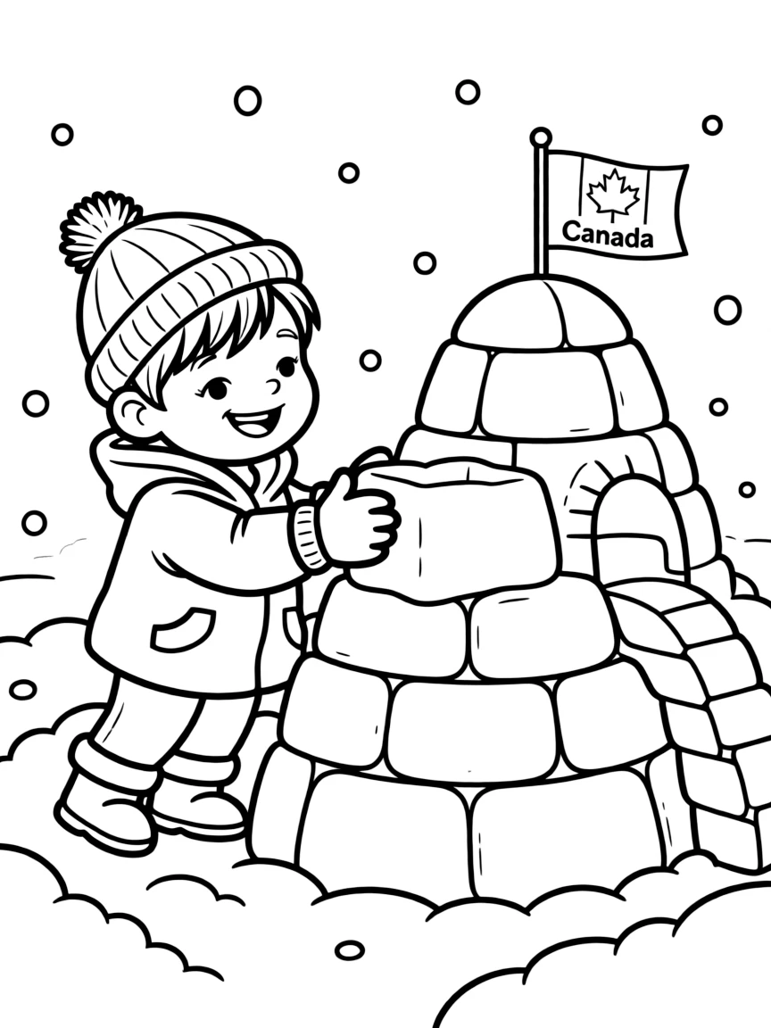 A cheerful child building a snow fort for Canada.