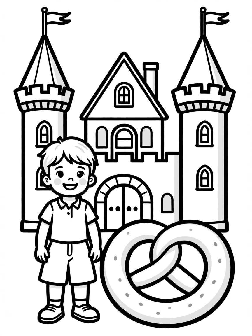 A child with a German castle and a pretzel for Germany.