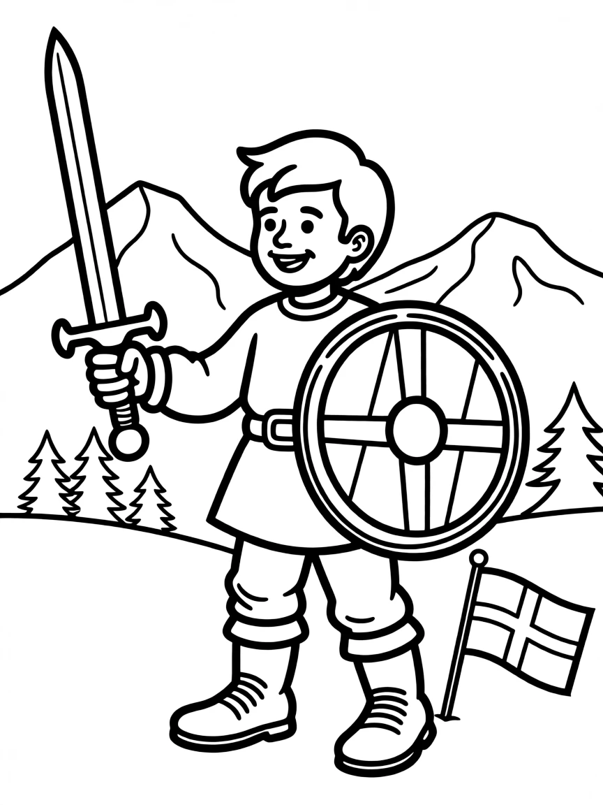 A smiling child with a Viking sword and shield for Norway.