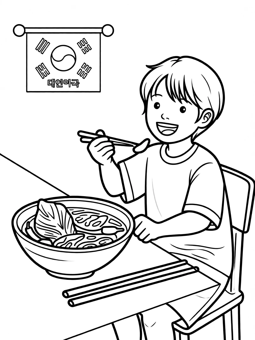 A happy child eating kimchi for South Korea.
