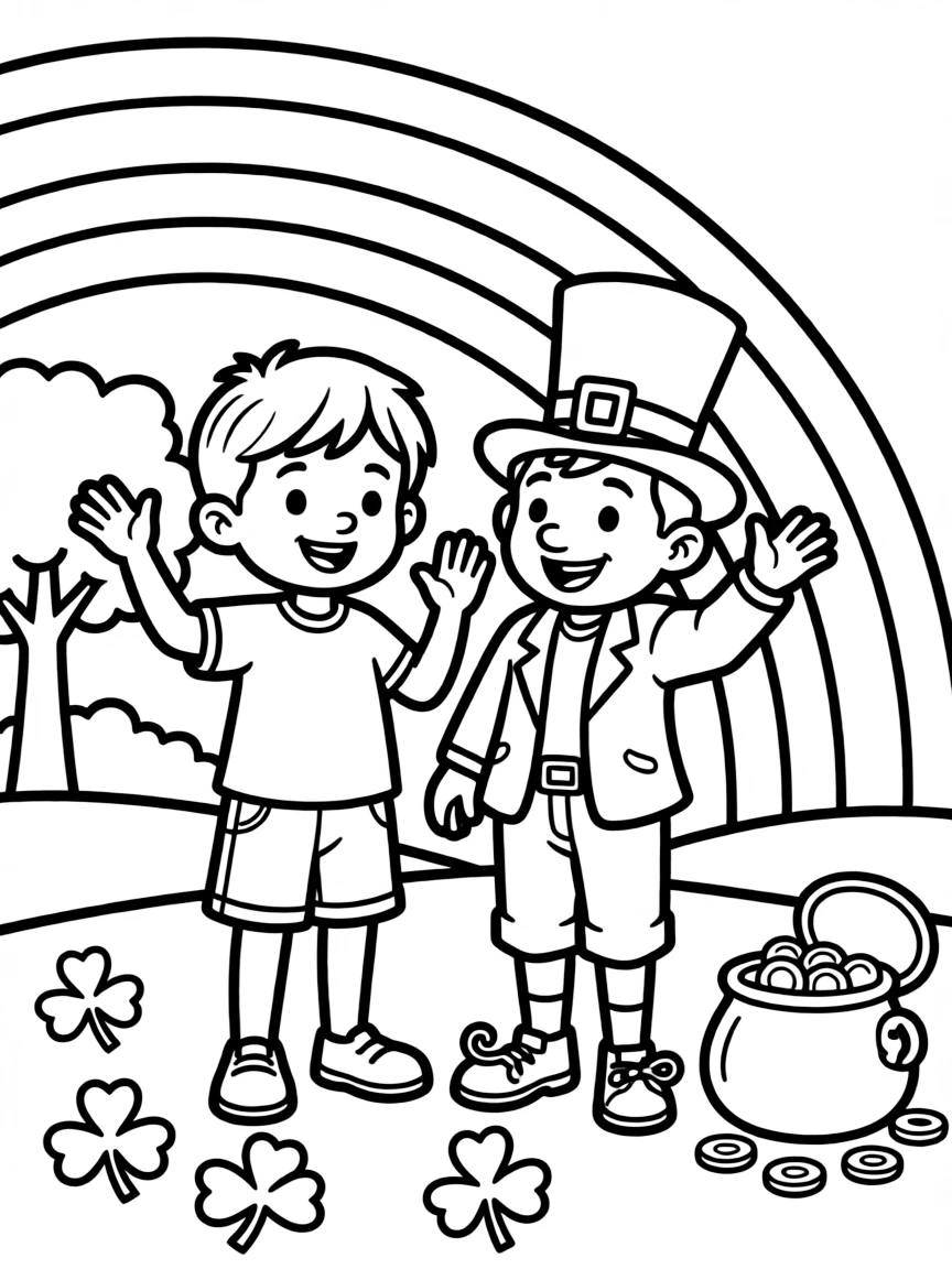 A cheerful child with a leprechaun and a rainbow for Ireland.