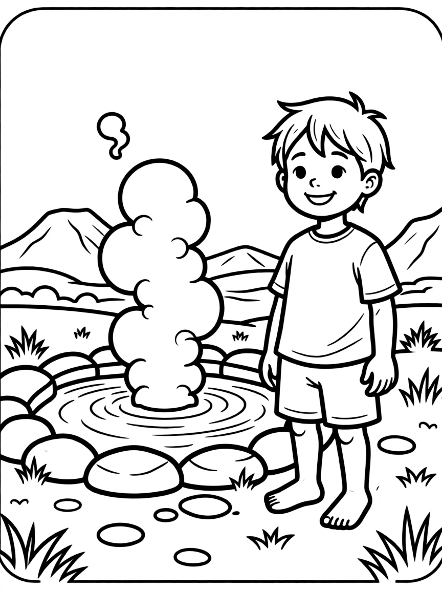 A smiling child near a hot spring with steam for Iceland.