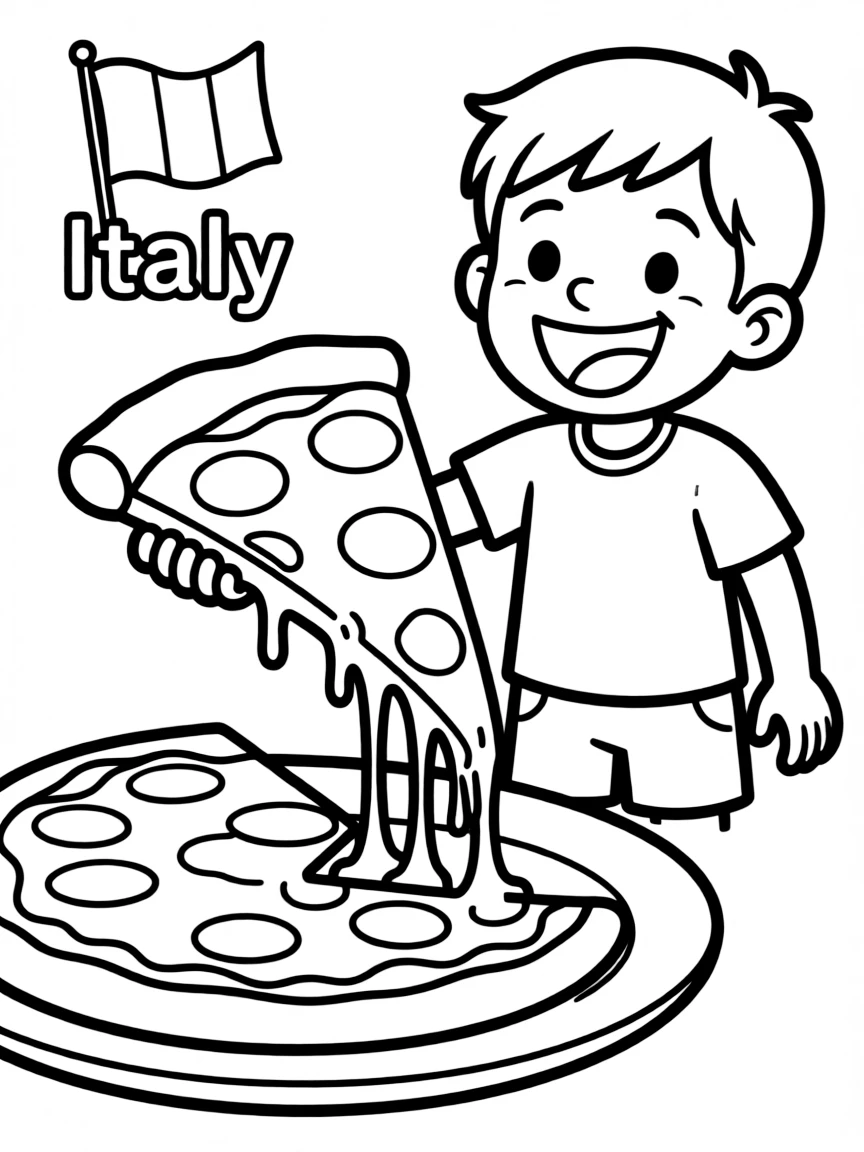 A happy child eating a pizza slice with cheese pulling for Italy.