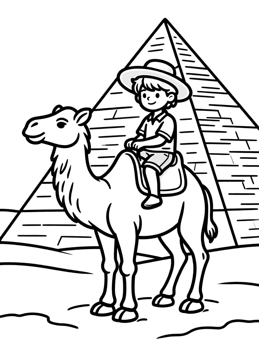A child riding a camel with a pyramid in the background for Egypt.