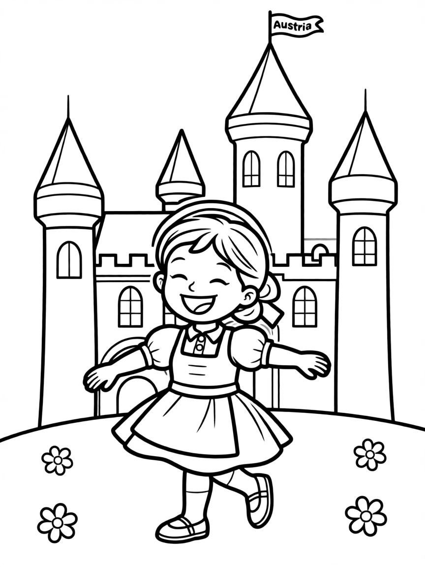 A happy child with a traditional dance and a castle for Austria.