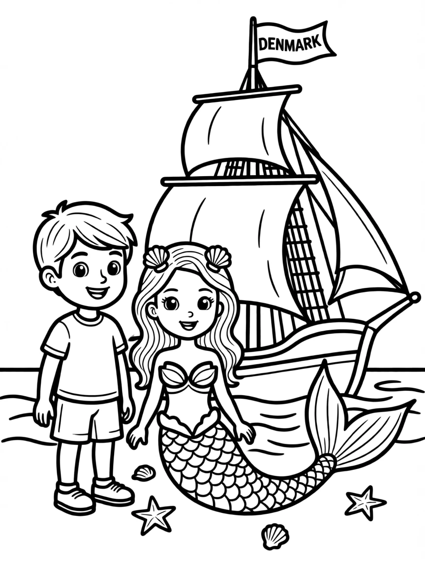 A cheerful child with a mermaid and a ship for Denmark.